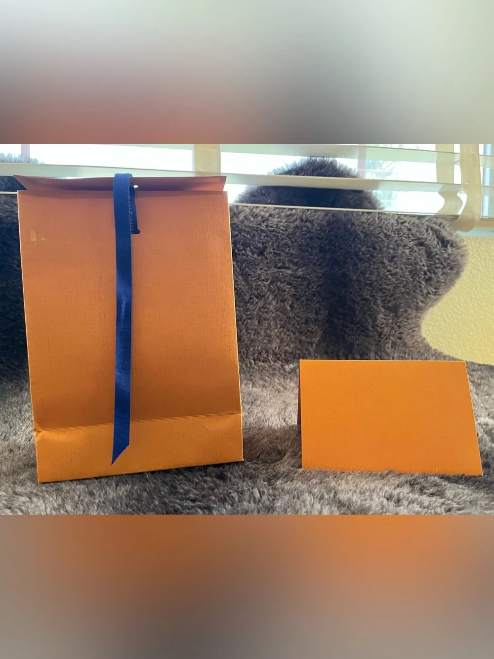 Authentic Louis Vuitton Orange Shopping Bag With Blue Ribbon & Receipt Envelope